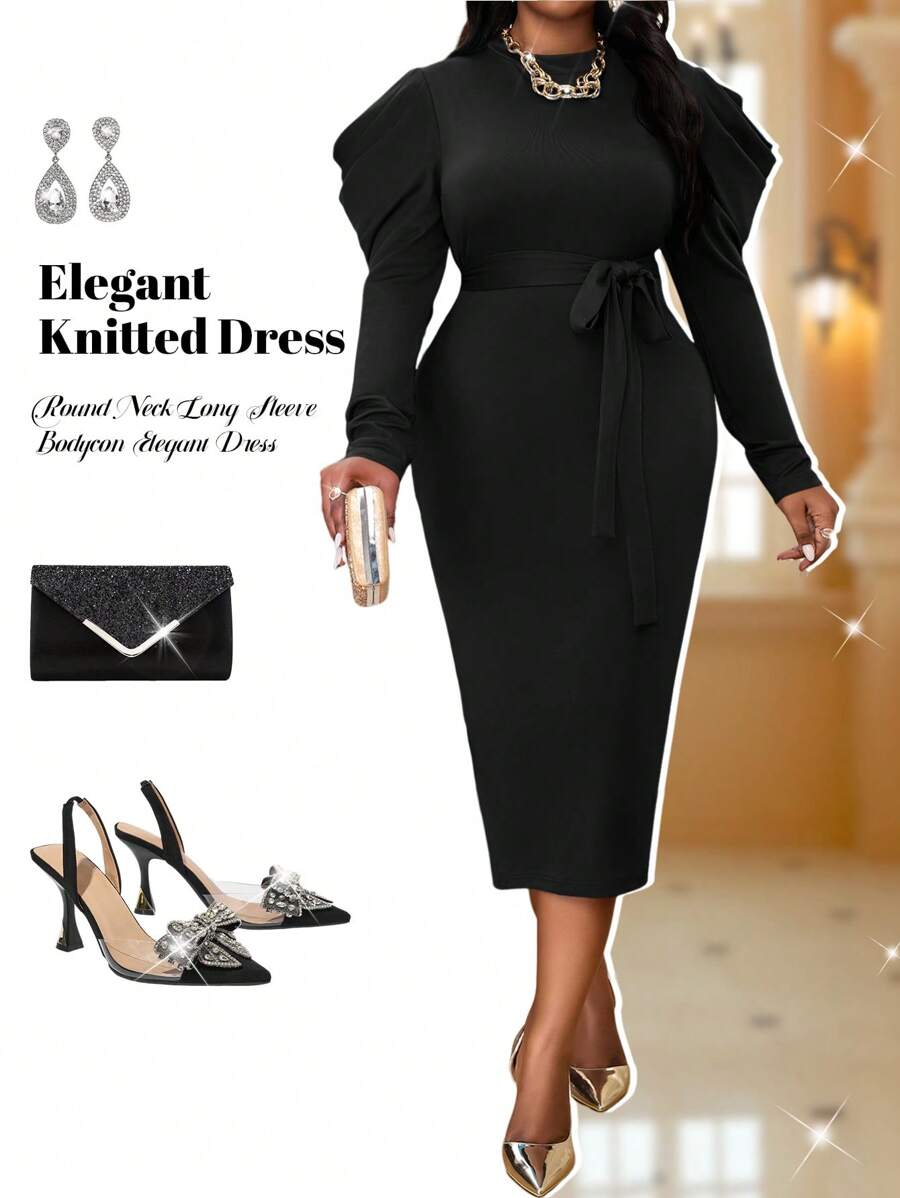 Fleurora Autumn And Winter Elegant Navy Blue Knitted Round Neck Long Sleeve Bodycon Dress Plus Size Dresses Blue Dresses