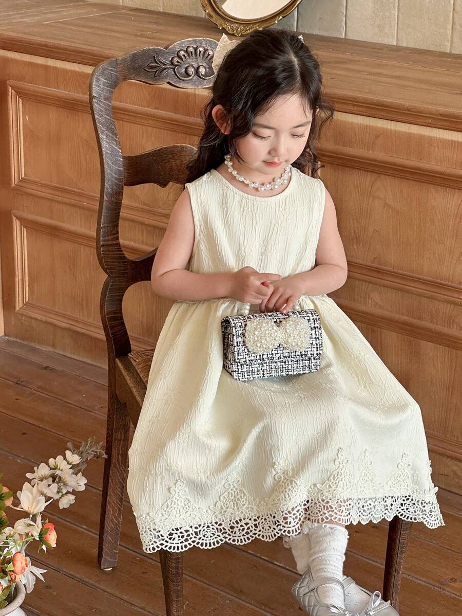 DAZY Young Girl Elegant Solid Color Jacquard Lace Trim Dress,Girls Summer Outfits