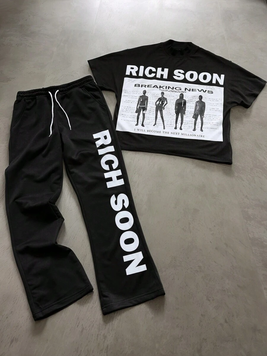 Manfinity EMRG Conjunto de camiseta corta con gráfico y pantalones, estilo urbano para hombres