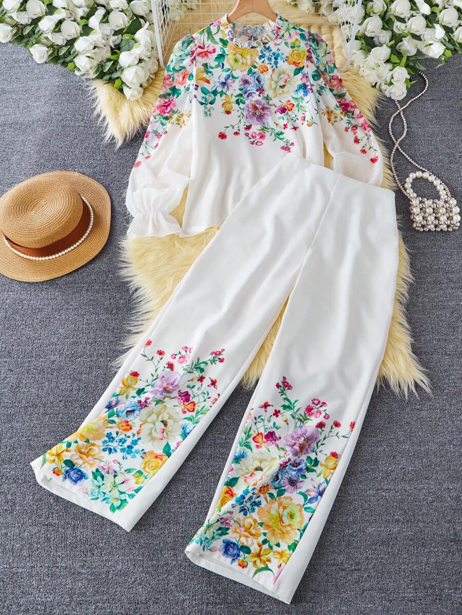2pcs/Set Teen Girl Floral Print Frill Trim Long Sleeve Shirt And Pants Set