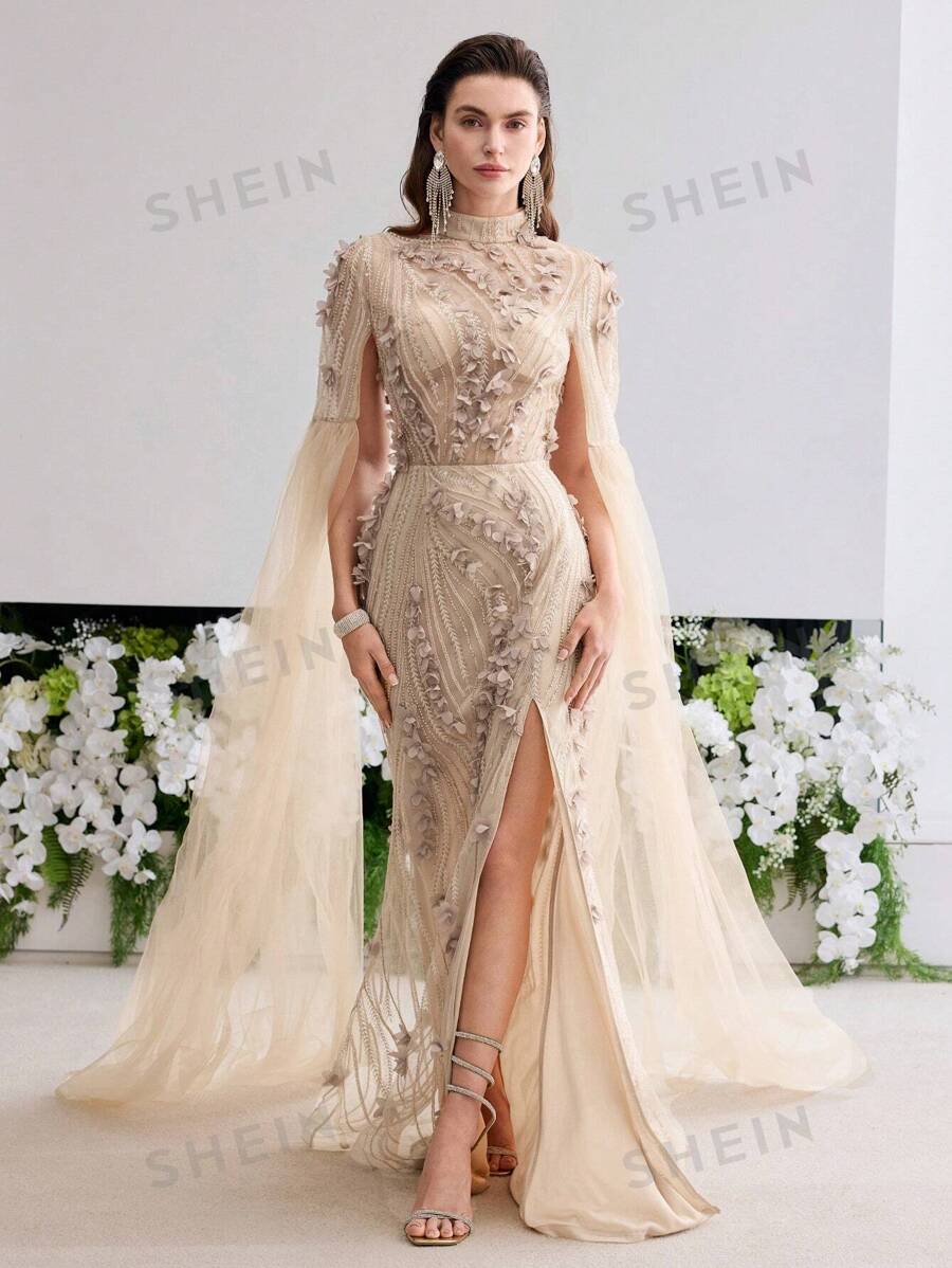 MOTF Soiréza ELEGANTE VESTIDO DE GALA DE NOCHE CON MANGAS EXTRA LARGAS, APLICACIONES FLORALES, ABERTURA EN EL MUSLO Y APLICACIONES DE CUENTAS