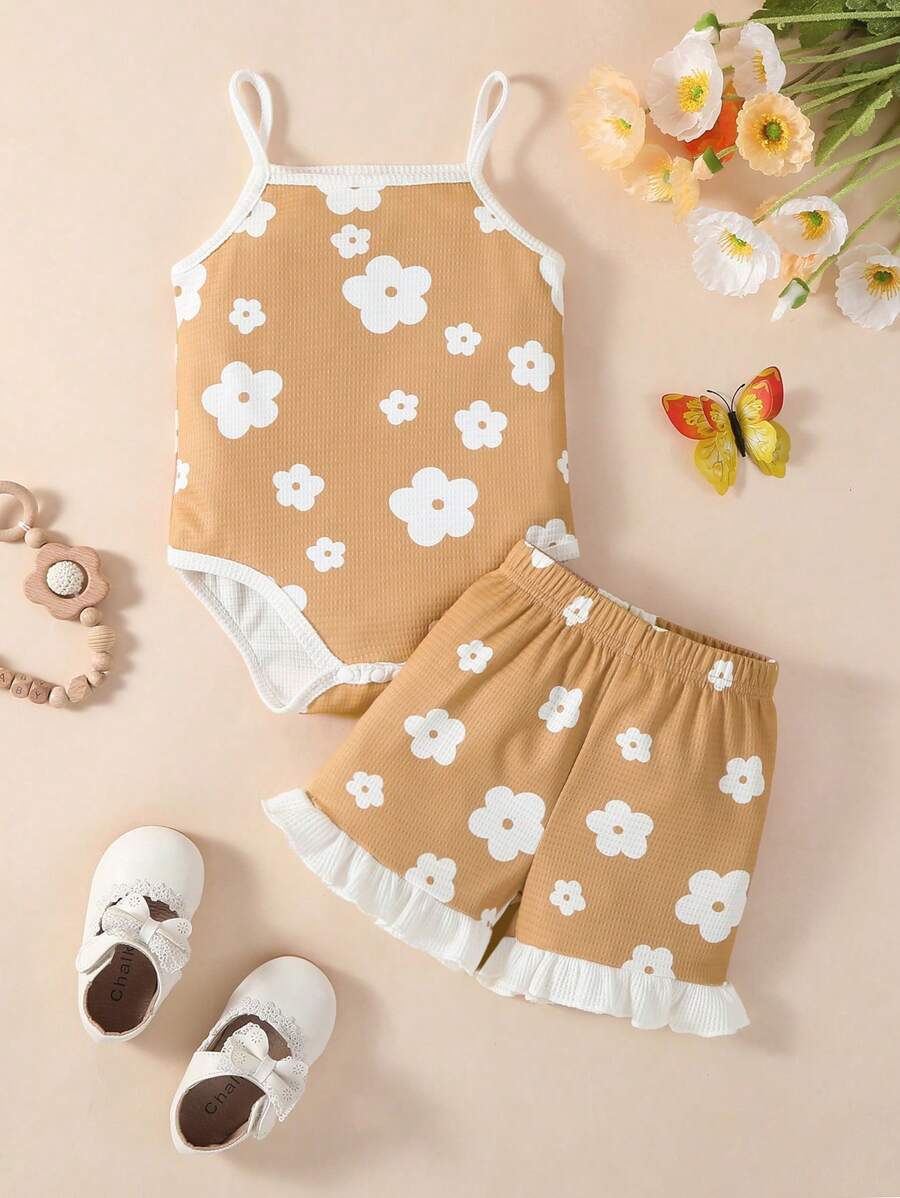 1set Baby Girls Cute Floral Ruffle Strap Romper & Shorts Set, Casual Outfit For Daily, Park Play, Summer