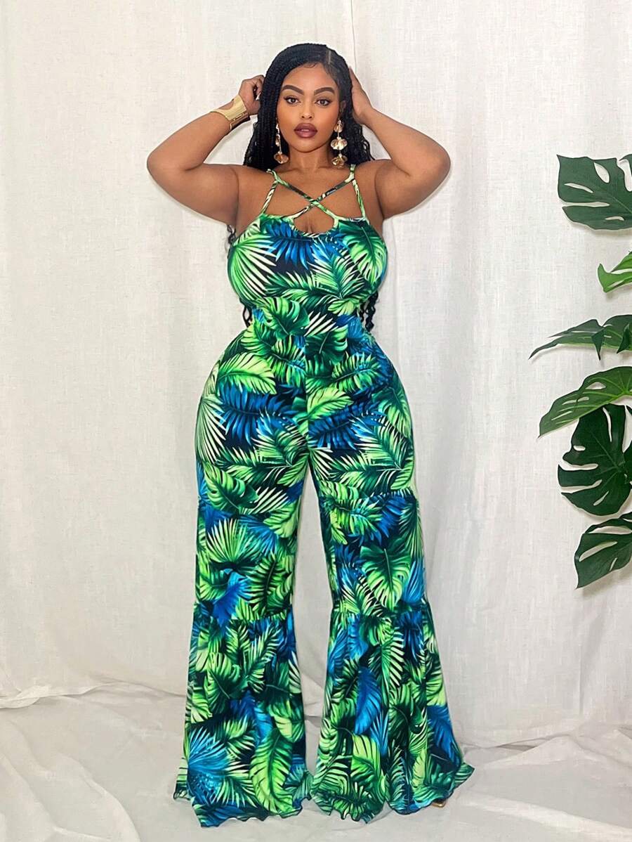 Slaydiva Monos de verano casuales nuevos de 2025 con estampado floral verde, sin mangas, con tirantes cruzados y con capas, para talla grande, adecuados para vacaciones, fiestas y ocasiones elegantes en primavera/verano