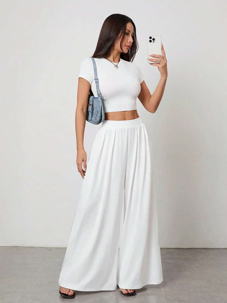 SHEIN PETITE Solid Color Short Sleeve T-Shirt And Wide Leg Pants Set, Minimalist Fashion Casual Daily Wear