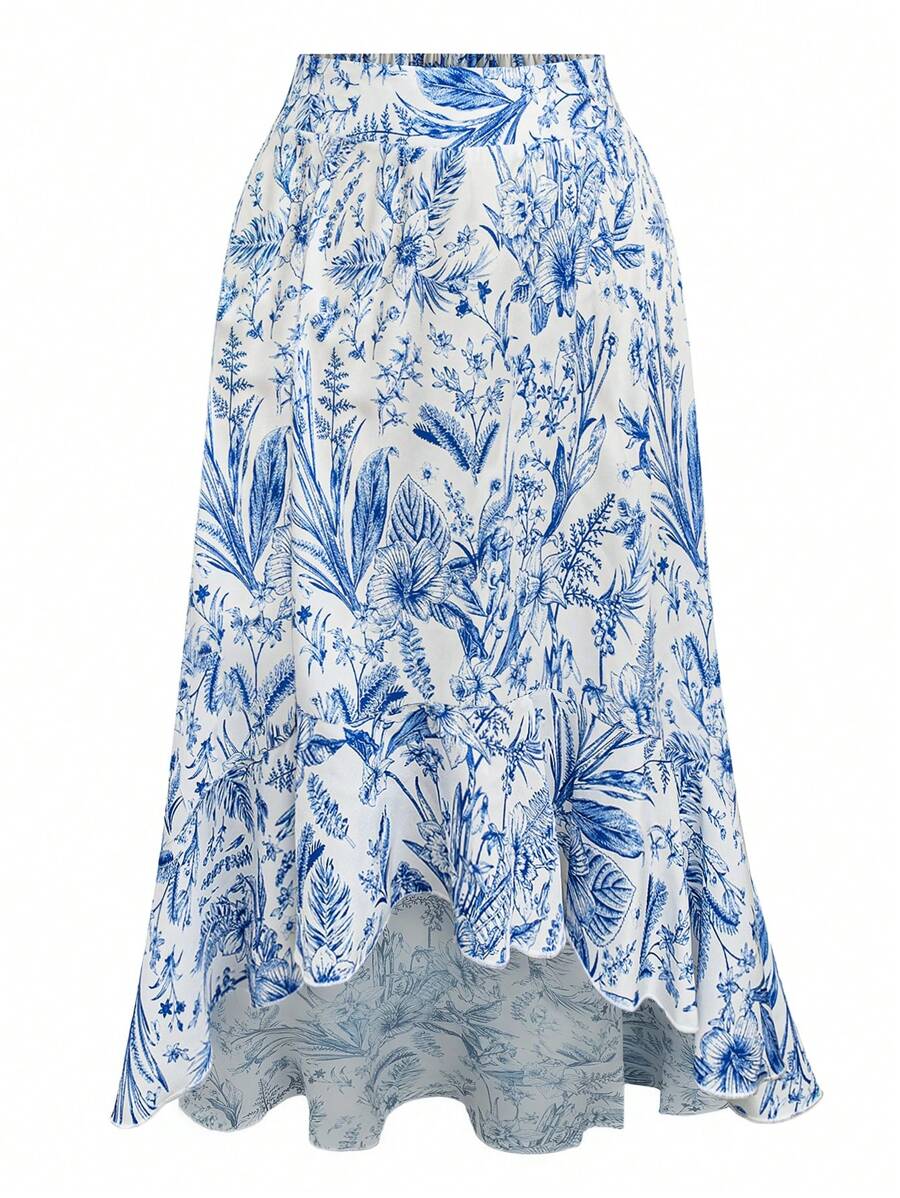 Celure Falda elástica de cintura alta con bajo irregular, con volantes y estampado floral para mujer talla grande