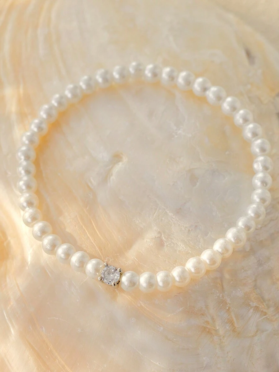 1 pieza Pulsera de mujer con cuentas, estilo vintage francés, con incrustaciones de rhinestones y perlas falsas, para banquetes, fiestas, regalos a amigas