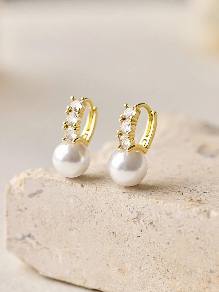 2pcs Silver Plated Pearl Earrings Women Fashion Zirconia Hoop Earrings Bridal Wedding Party Jewelry Gift For Girlfriend Wife BBF Valentine's Day Gift