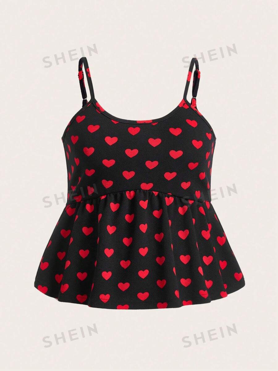 SHEIN EZwear Top camiseta sin mangas con volantes y estampado de corazón para San Valentín para mujer talla grande en verano