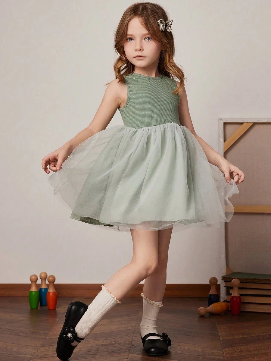 PrepCrw Vestido de punto verde con malla de contraste, estilo academia, para niñas, primavera/verano