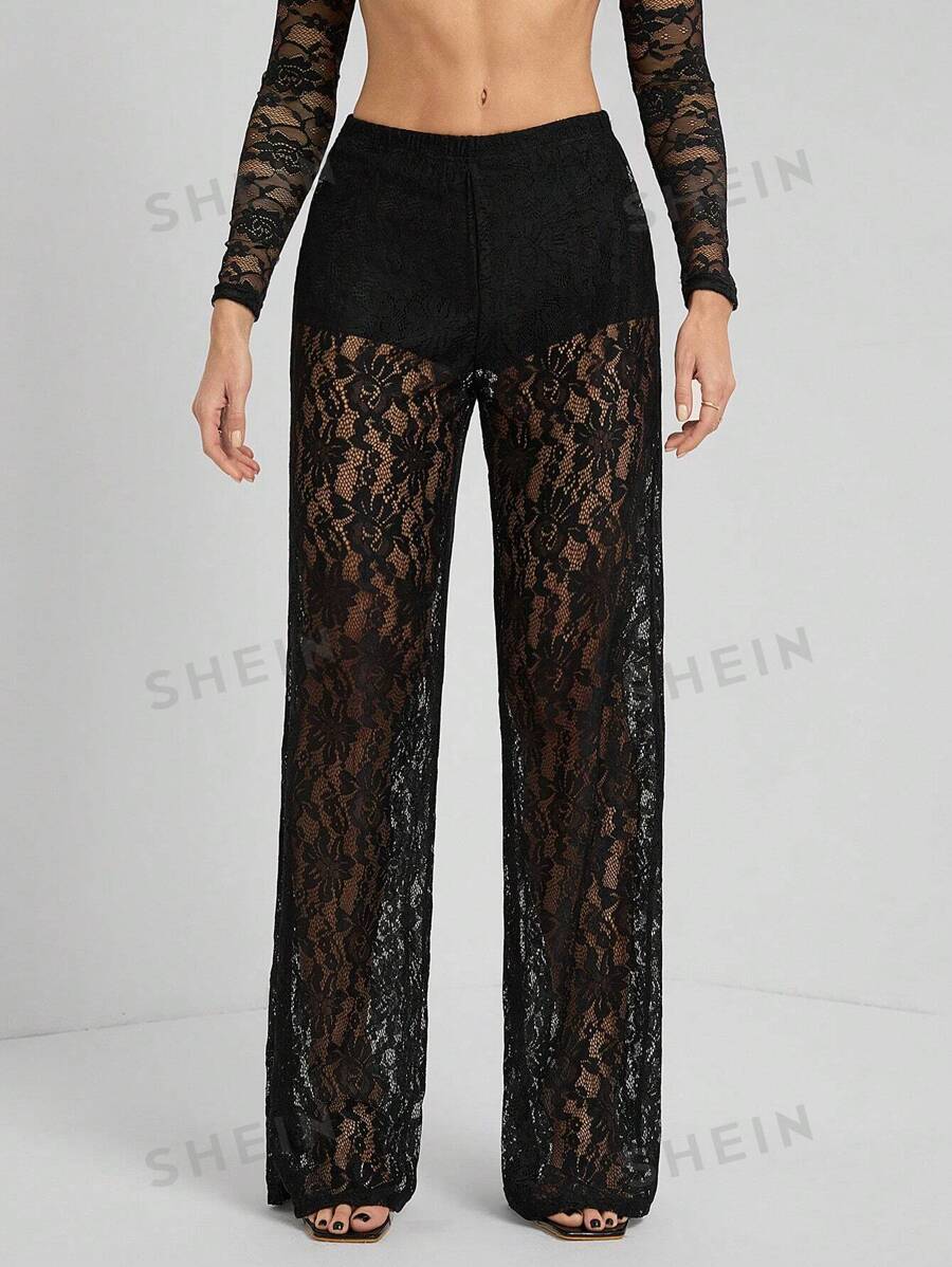 SHEIN Tall Pantalones largos de mujer de unicolor, de encaje y transparentes