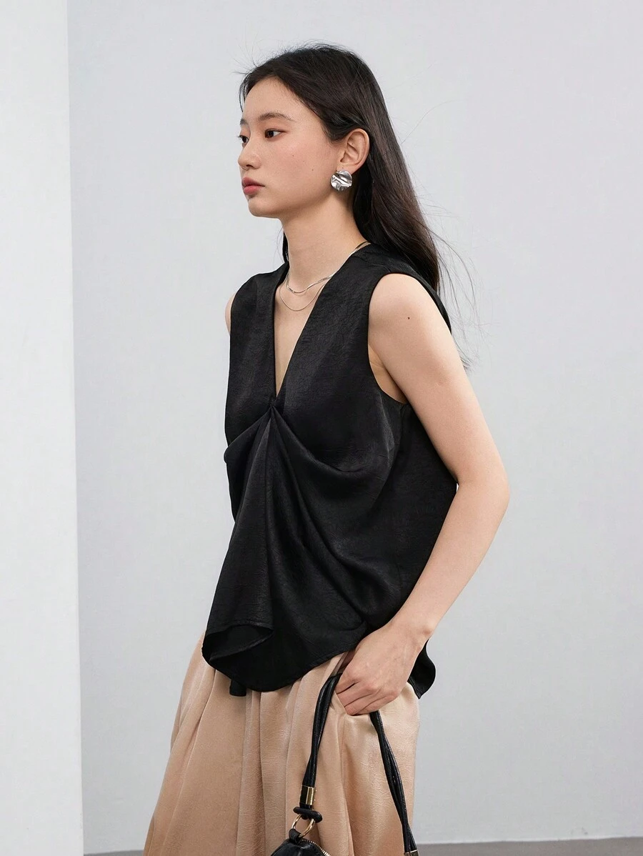 Dazy-Less Débardeur casual à torsion ample de couleur unie et style artistique pour femmes