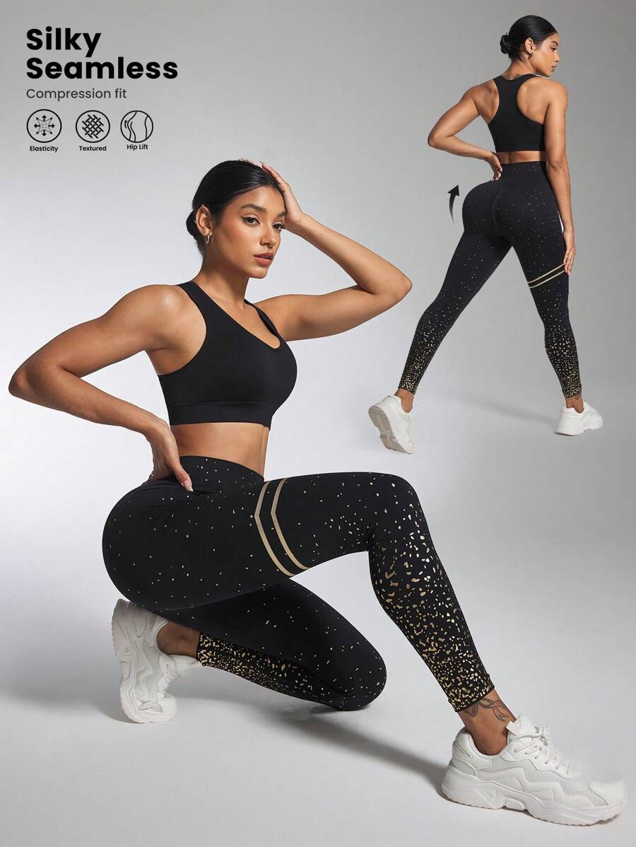 Slayoga Set di reggiseno sportivo senza cuciture e leggings con stampa metallica per donna