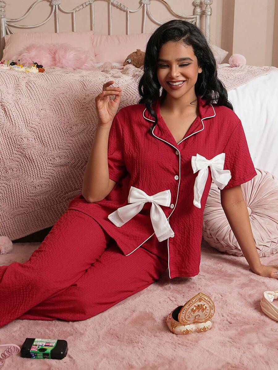 Conjunto de pijama con camisa y pantalones de bloqueo de color con adorno de lazo