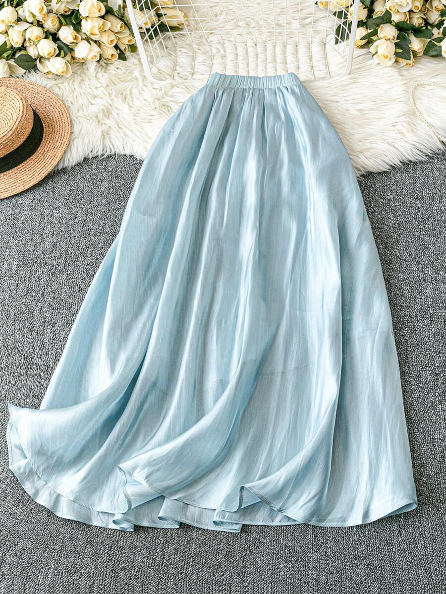 DreamSkyne Romantic Date Plus Size Women Elegant Romantic Satin Shiny Elastic Waist A-Line Skirt, Suitable For Dates