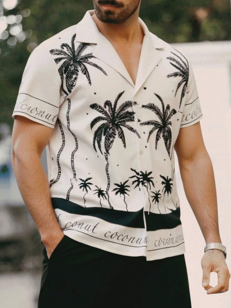 Manfinity RSRT Plus Size Men's Front Button Short Sleeve Palm Trees Print Casual Shirt, Everyday Wear