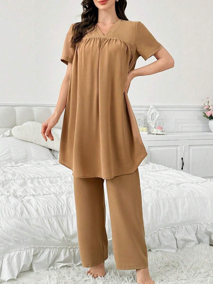 2pcs/Set Women Solid V-Neck Short Sleeve Sleepwear Top And Pants Pajama Set