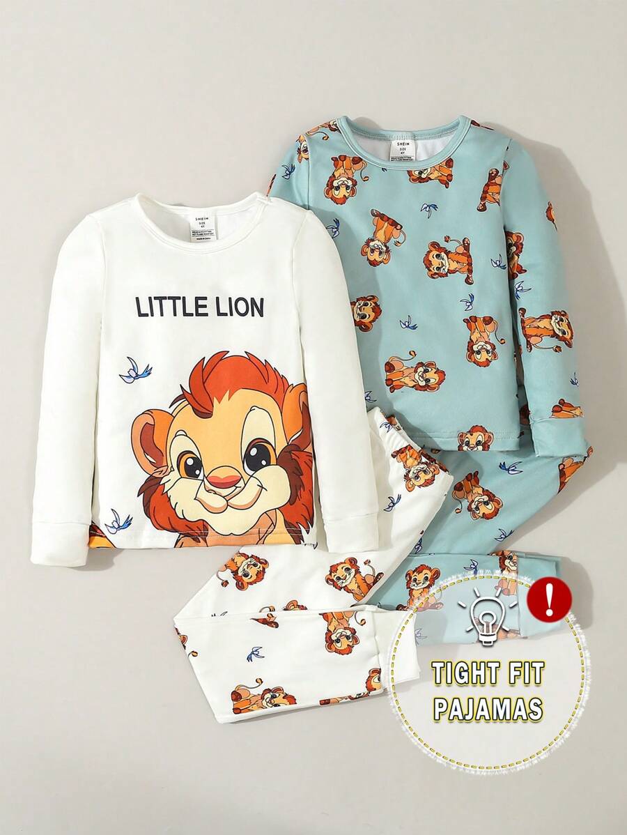 Conjunto de pijama com 2 peças de blusa de manga comprida e calça comprida estampada de leão para menino