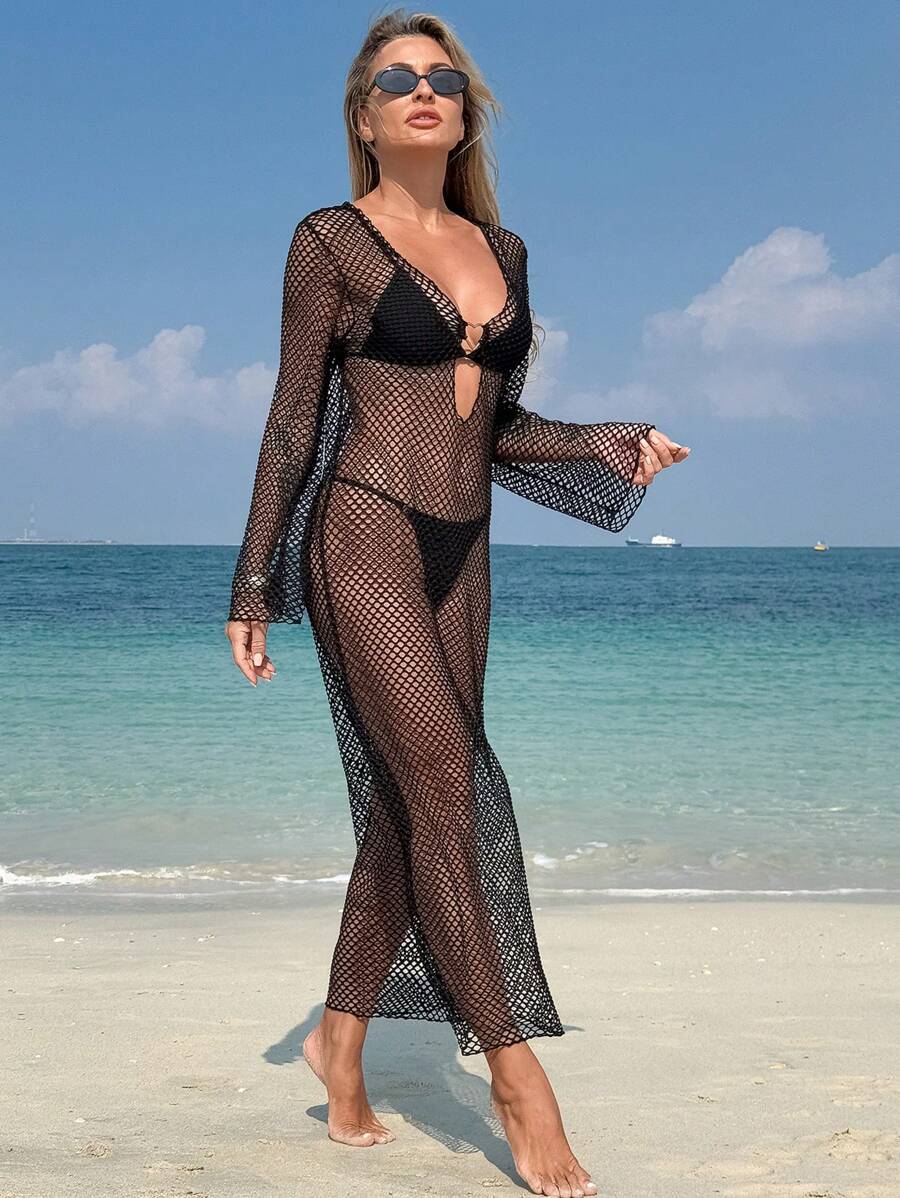 SHEIN Swim 1 Pc Long Sleeve Beach Cover-Up Dress, Solid Color Fishnet, Front Circular Ring Deep V Elegant Design For Women, For Summer Vacation