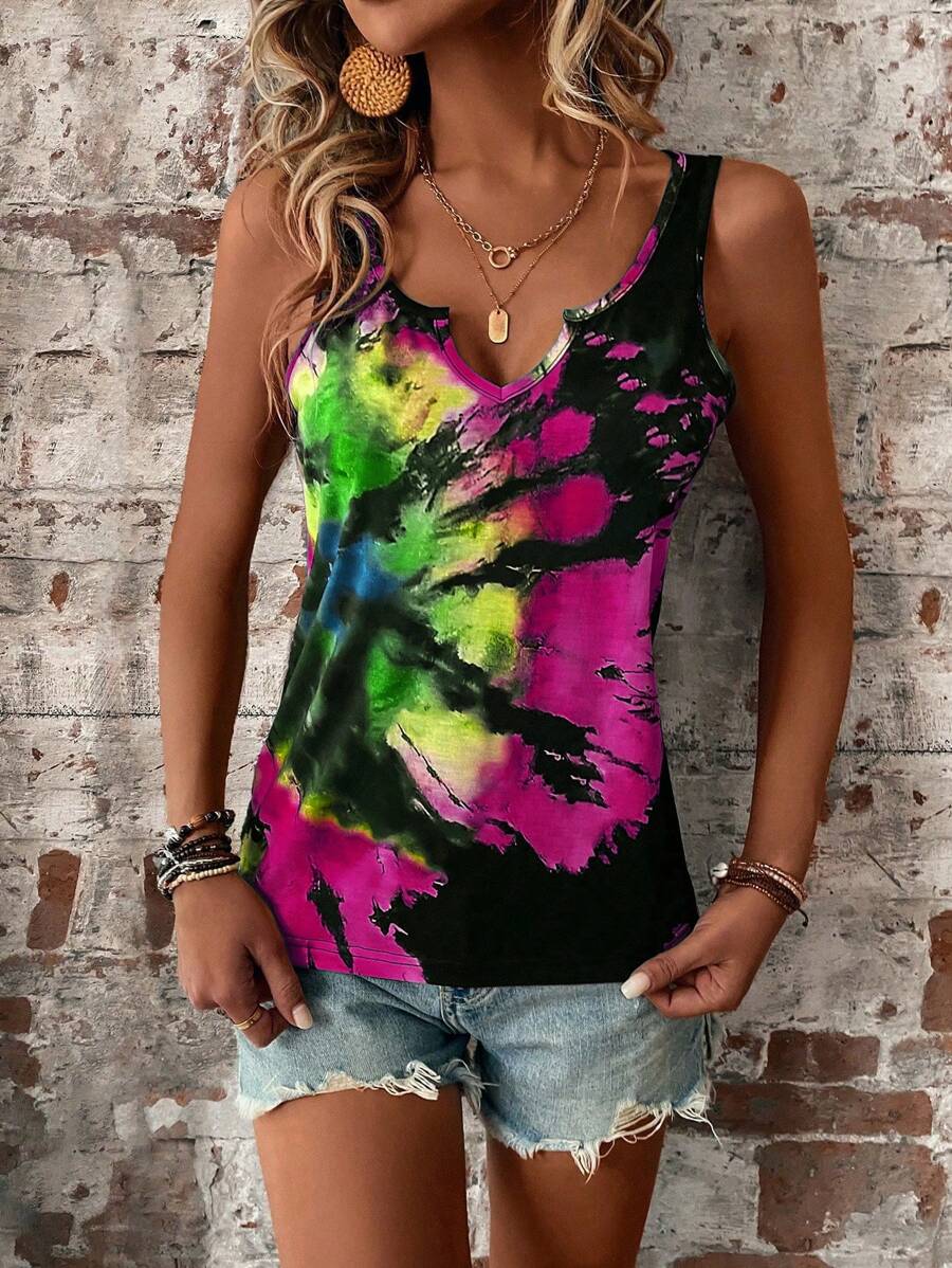 LONESS Tie Dye Notched Neckline Tank Top