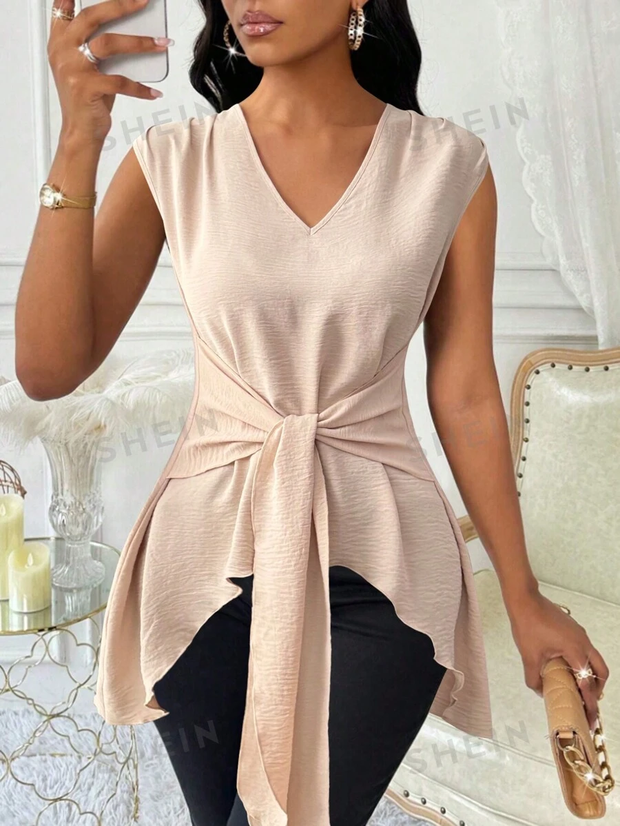 Lyxana Blusa informal sin mangas con nudo a la cintura para mujer