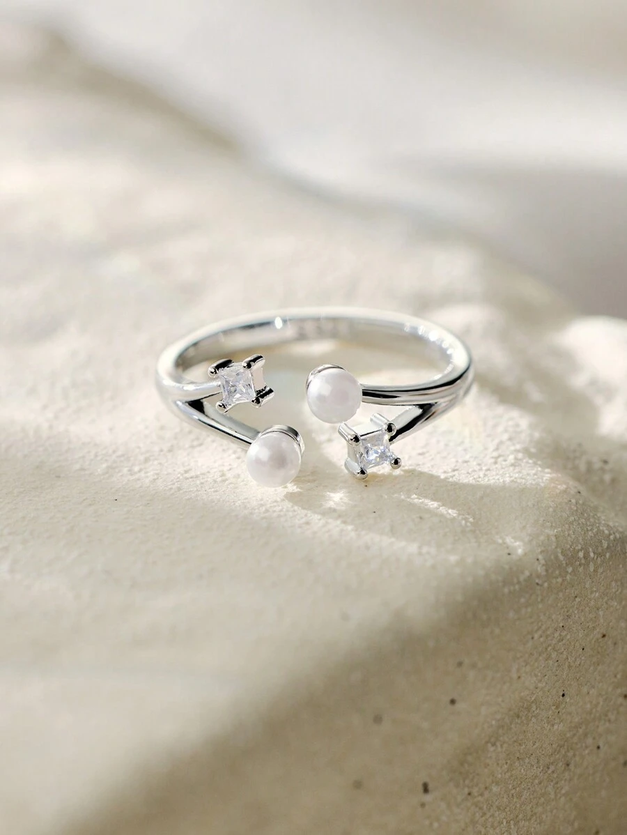 1pc Bague Ouverte Personnalisée et Élégante à Deux Couches de Faux Perles et de Zircone Cubique