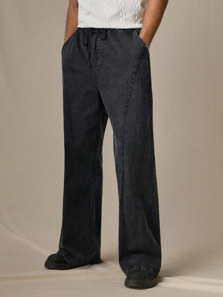 SWAVVY Men's Standard Size Fashionable Casual Distressed Washed Textured Splicing Loose Wide Leg Straight Fit Pants, Dark Gray