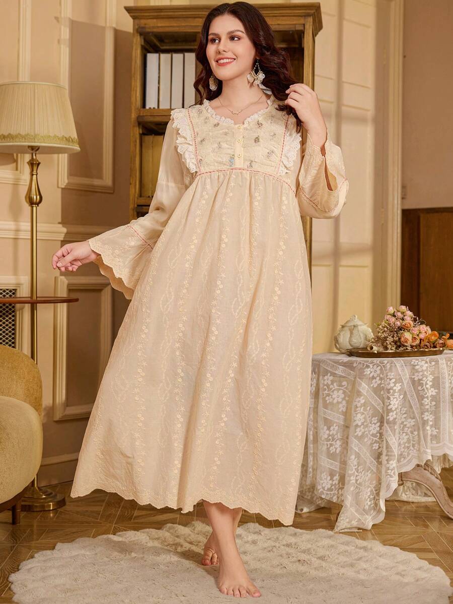 PalaceNights Plus Size Long Sleeve V-Neck Lace Patchwork Ruffle Hem Loose Vintage Long Nightgown