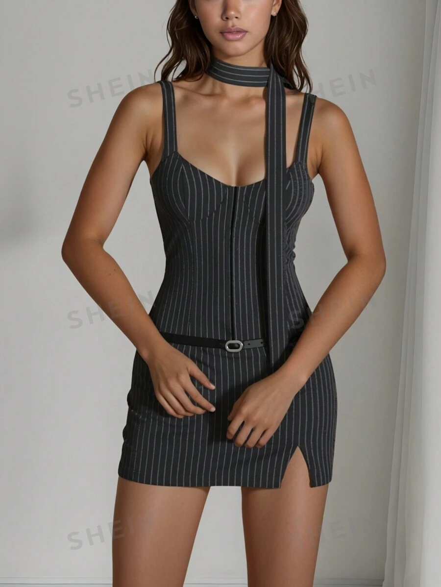 SHEIN ICON Vestido casual con tirantes de espagueti a rayas, con cinta, minimalista y de moda para uso diario para mujeres de oficina
