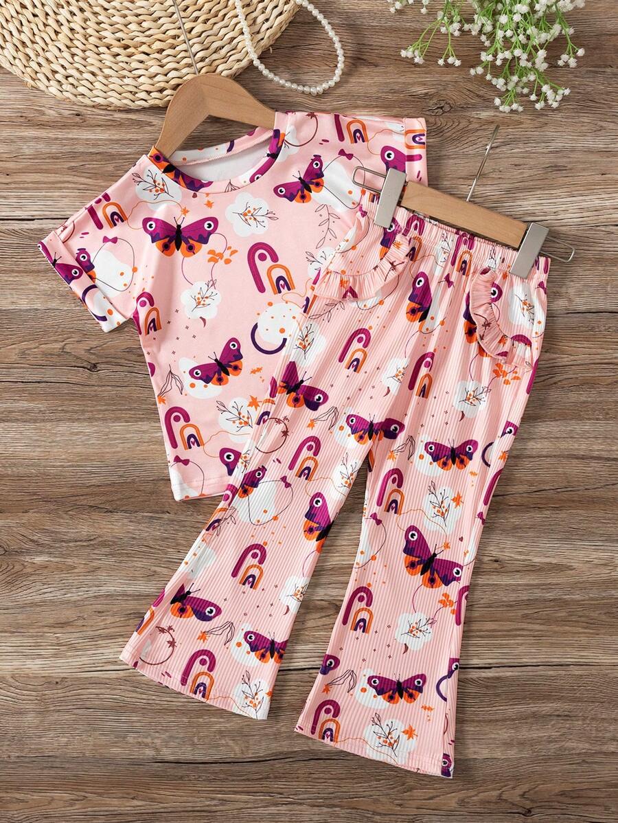 Set da 2 pezzi per ragazze giovani, composto da maglietta a maniche corte con stampa farfalla e pantaloni a zampa con costine, adatto per uso casual quotidiano e tempo libero, estivo