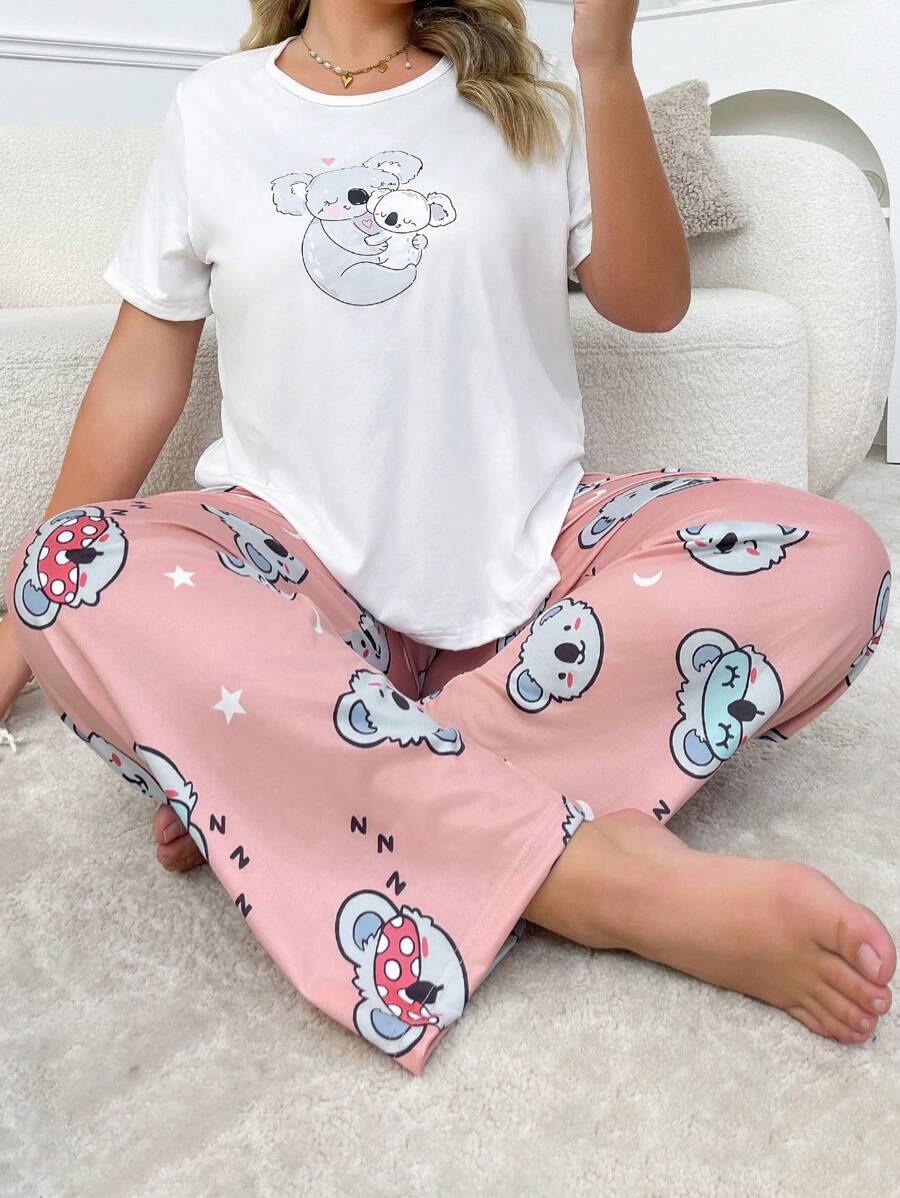 Cute Plus Size Koala Graphic White Top And Koala Print Coral Pink Pants Set, Lounge Wear