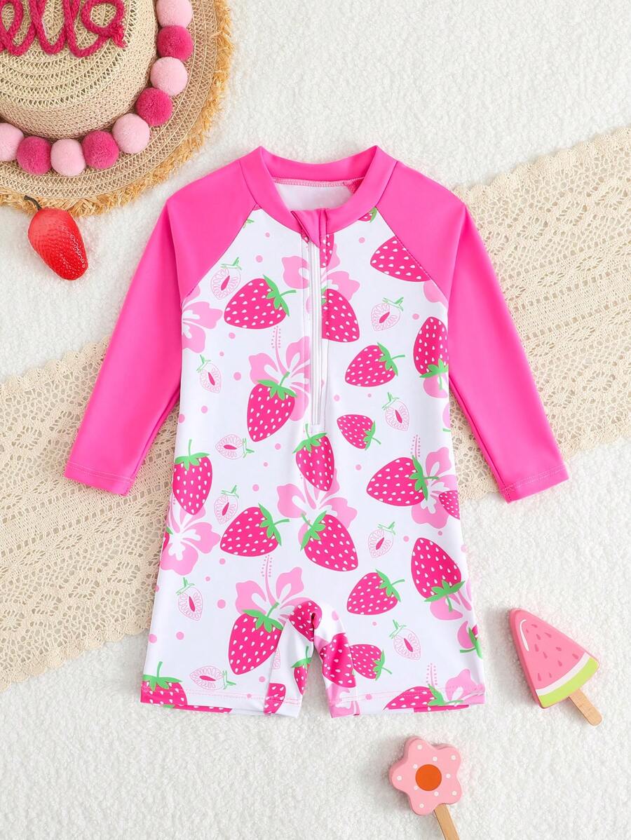 SHEIN Baby/Baby Girl Summer/Holiday Cute Strawberry Printed Long Sleeve Zipper One-Piece Rash Guard Swimsuits
