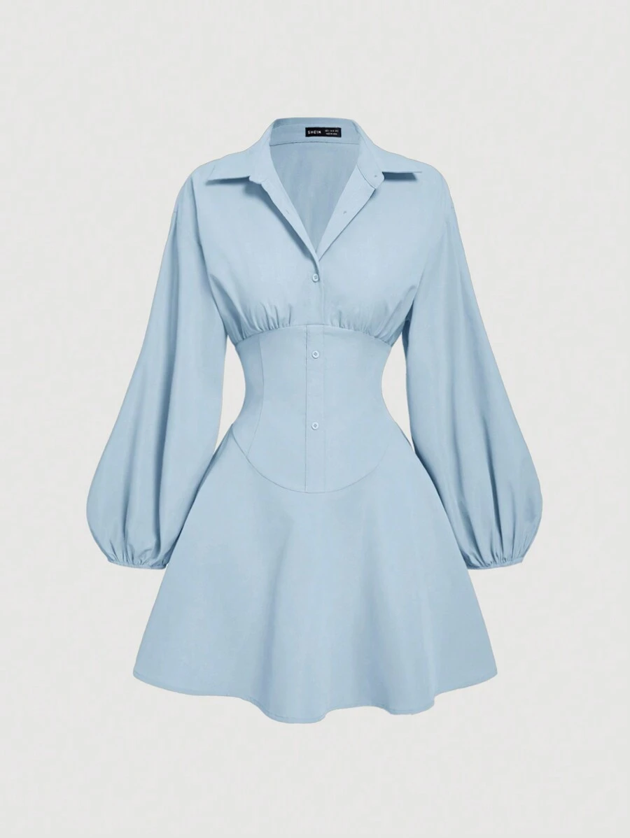 SHEIN MOD Vestido camisa azul de manga larga ajustado con mangas abullonadas para mujer, camisa oversize para mujer, camisa abotonada para mujer, vestido camisa