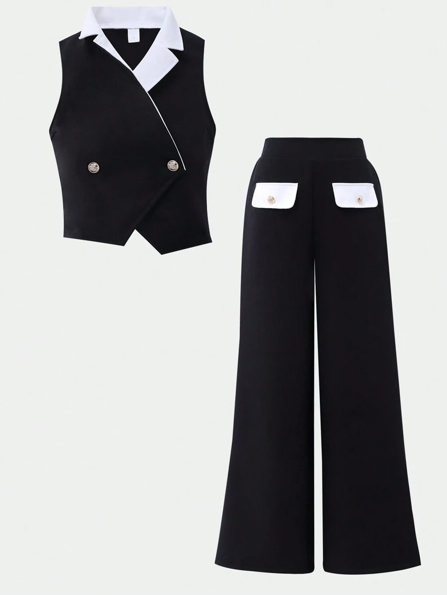 SHEIN WESTFADE Young 2 Pieces Set For Teen Girls Halter Neck Vest With Black & White Color Block Design, Sleeveless Top Paired With Wide Leg Casual Pants, Exhibiting A Fashionable Yet Comfortable, Unique Yet Elegant Style, Suitable For Fashion-Forward Wedding Guests, And Elegant
