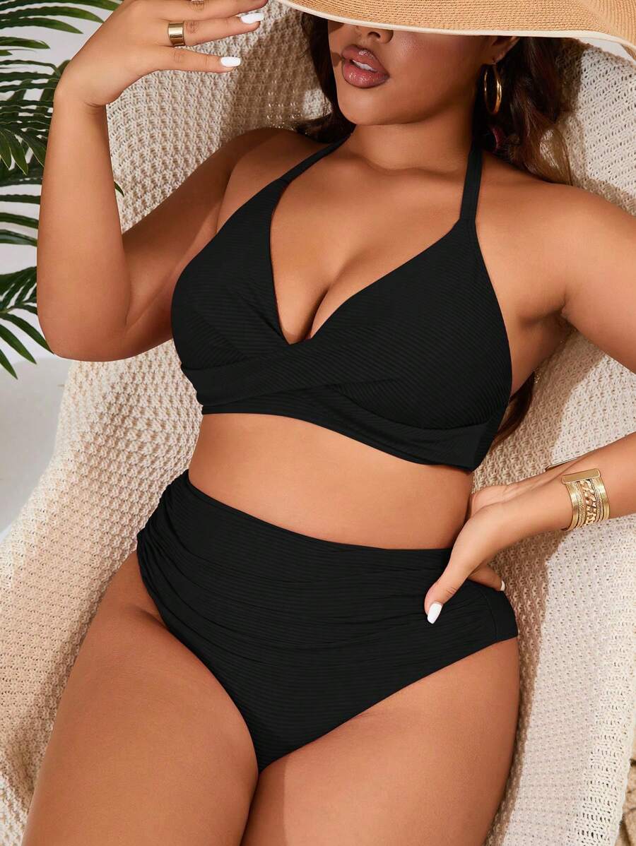 Swim Basics Costume da bagno a due pezzi da donna taglie forti, colore tinta unita, con collo a canottiera, set minimalista alla moda, ideale per la spiaggia e le vacanze estive