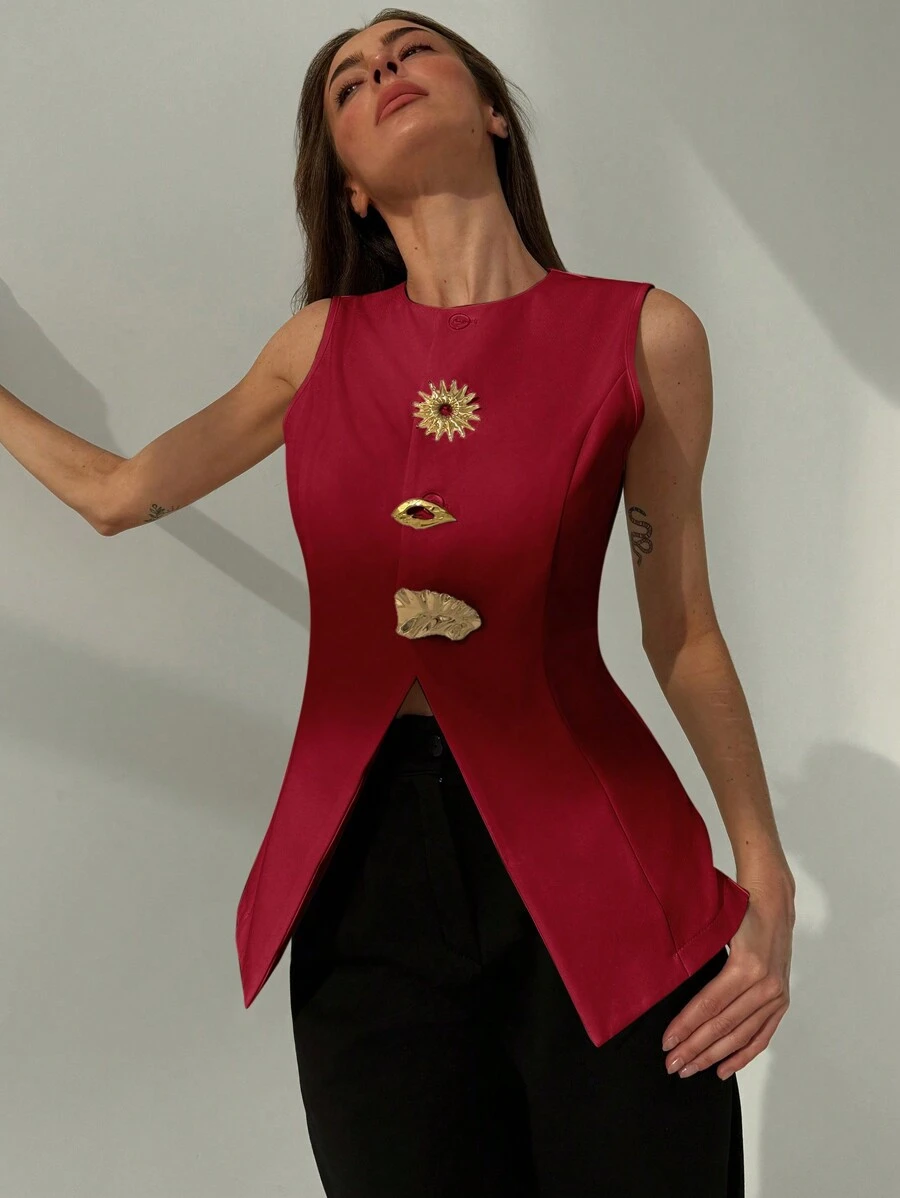 Aloruh Minimalistisch High-End Kantoor Ronde Hals Getailleerd Metalen Decor Split Zoom Wit Dames Business Blazer, Herfst/Winter