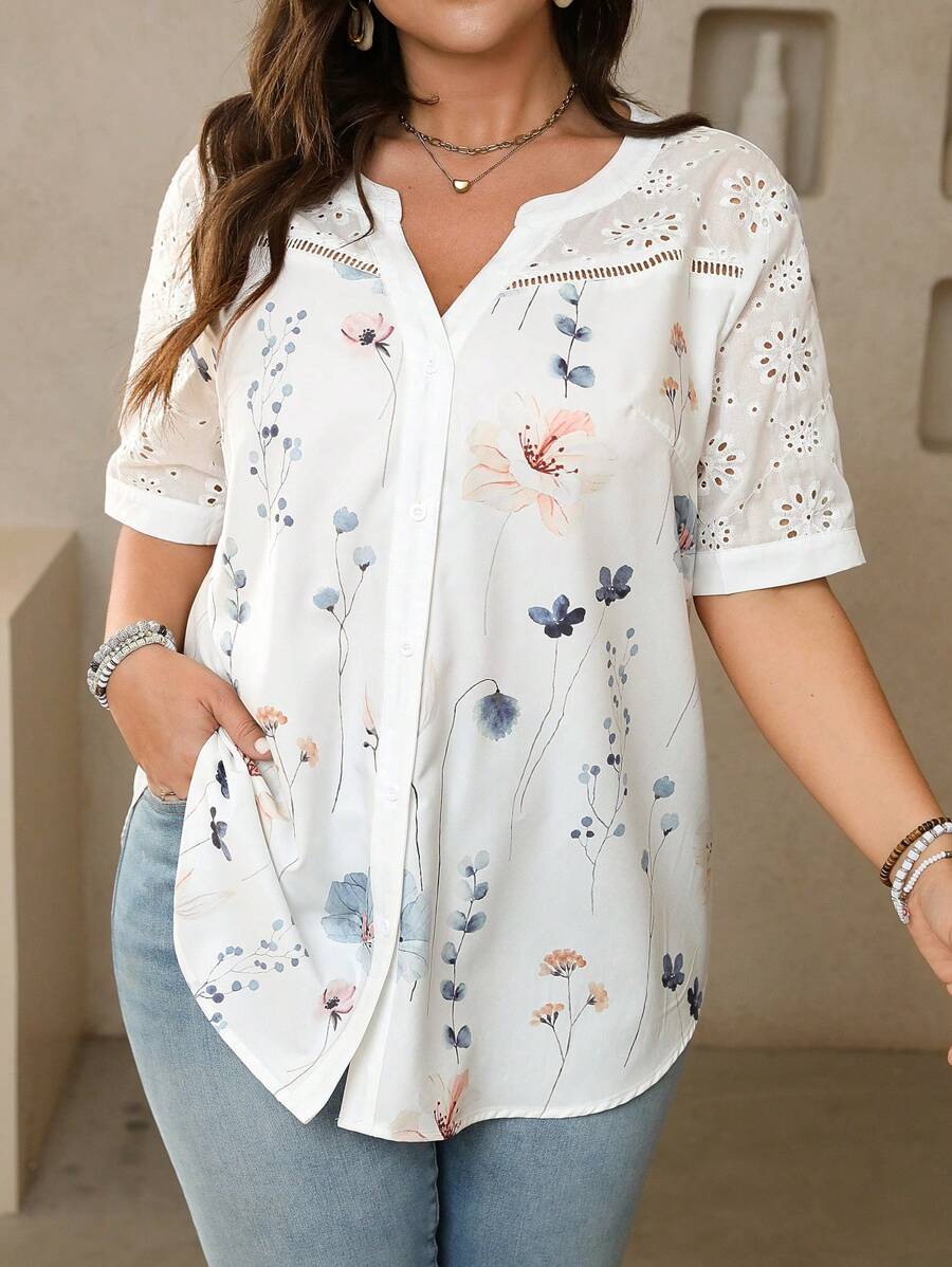 SHEIN LUNE Plus Size Women Floral Print Embroidery Short Sleeve Blouse