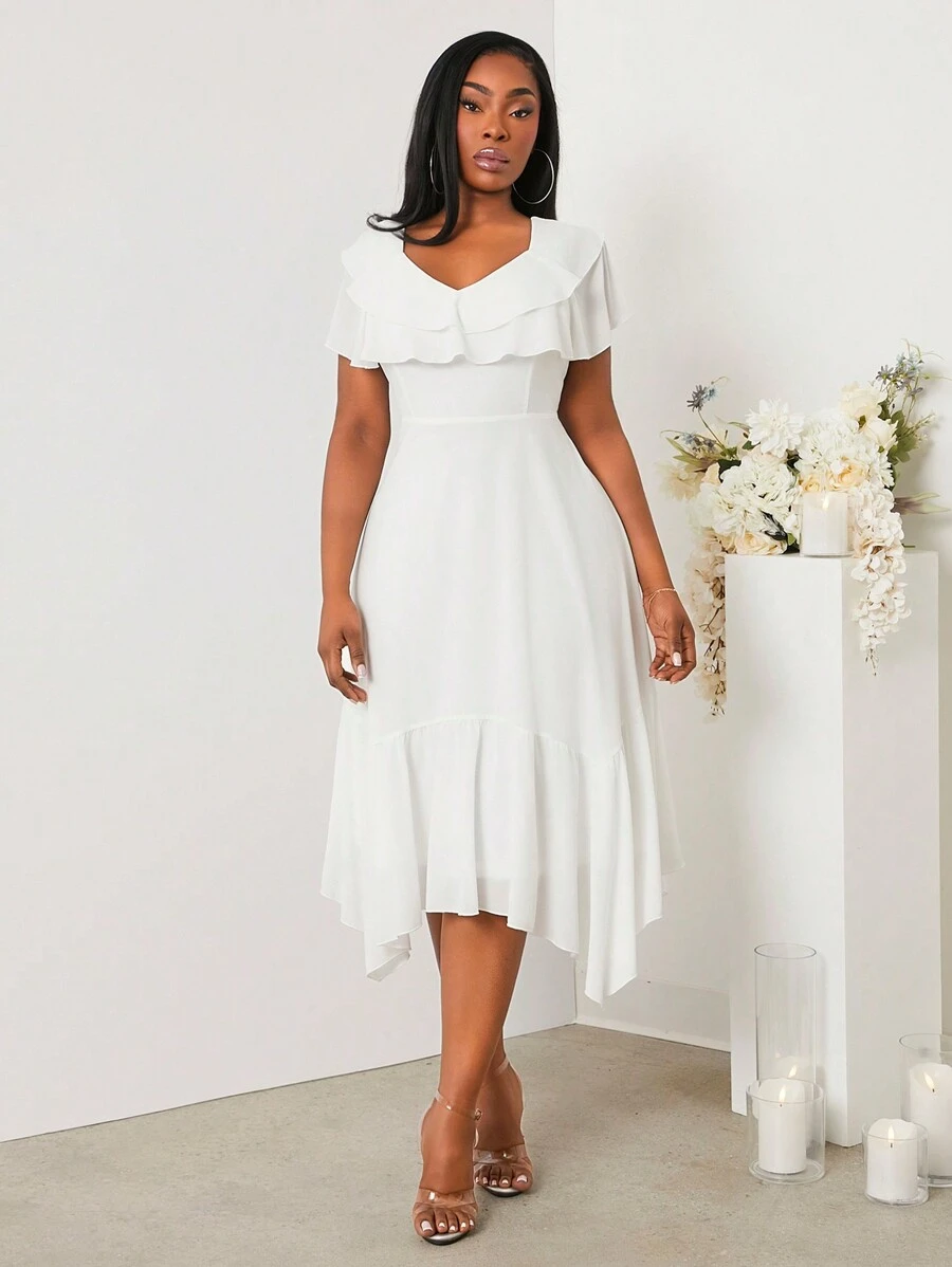 SHEIN SXY Vestido elegante de unicolor, ajustado y de talla grande para bodas de primavera/verano, de uso diario sencillo y con estilo