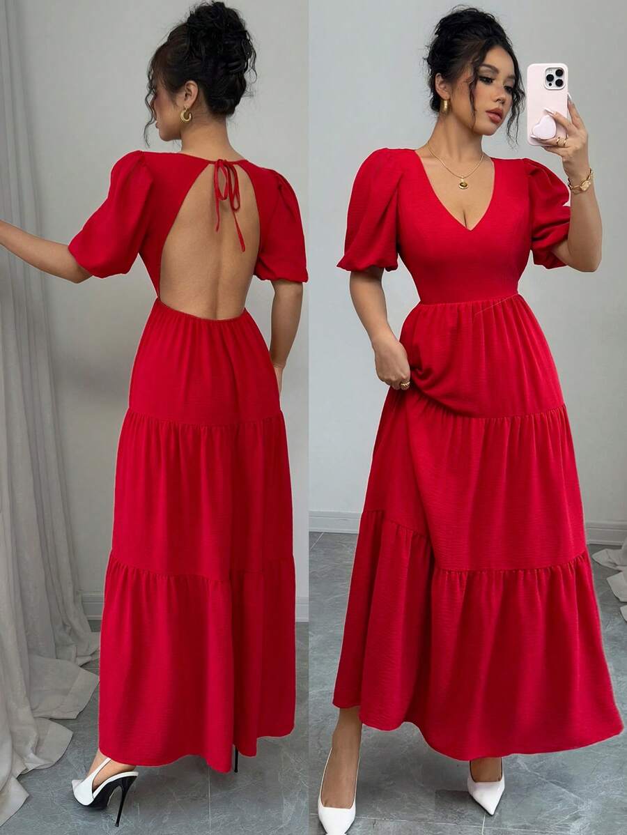 Chiquease Fashionable Everyday V-Neck Tied Backless Ruched Layered Dress For Women