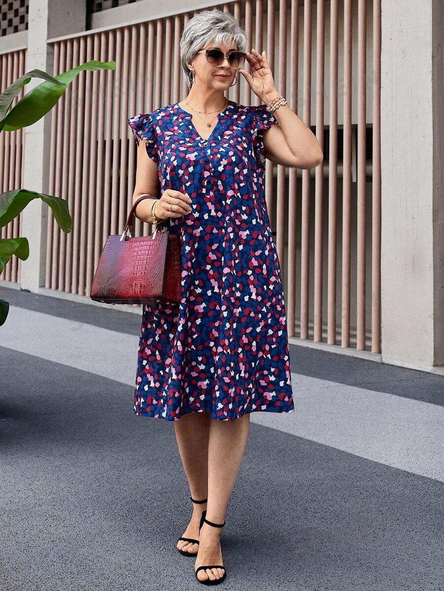Miaspire Vestido de manga corta de escote en V con estampado completo para mujer de tallas grandes