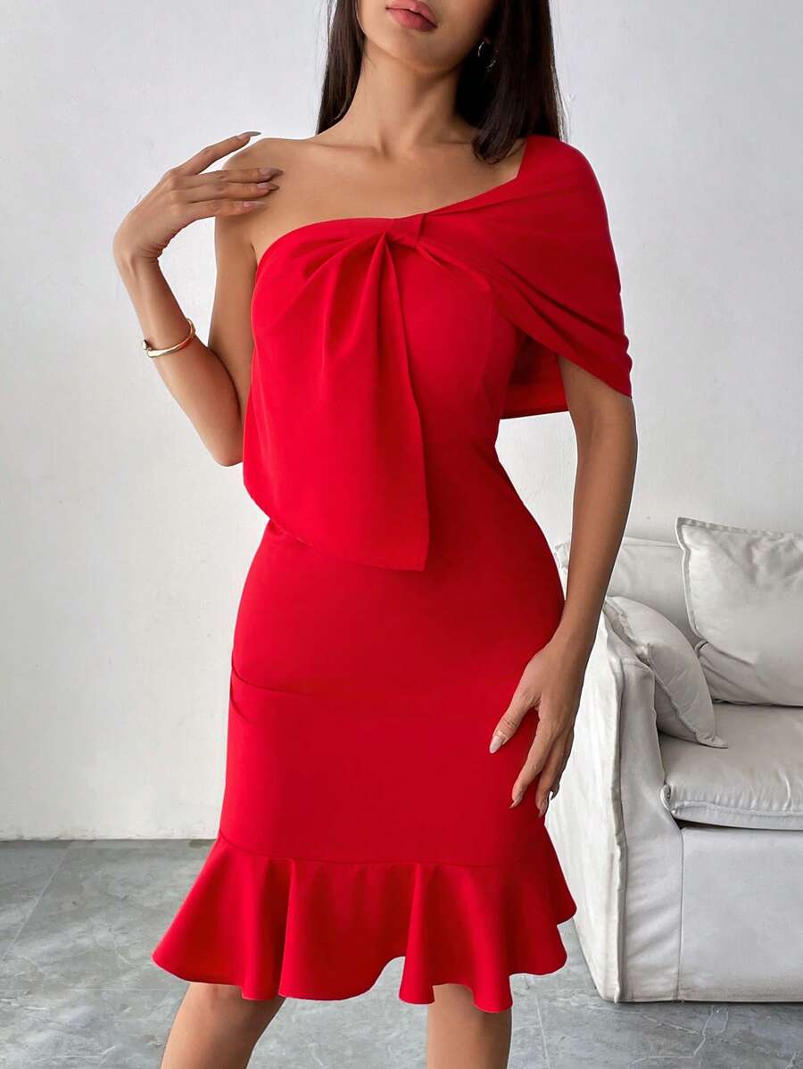 Calvaya Elegant Fitted Solid Color Bow Decor Ruffle Hem Bodycon Dress