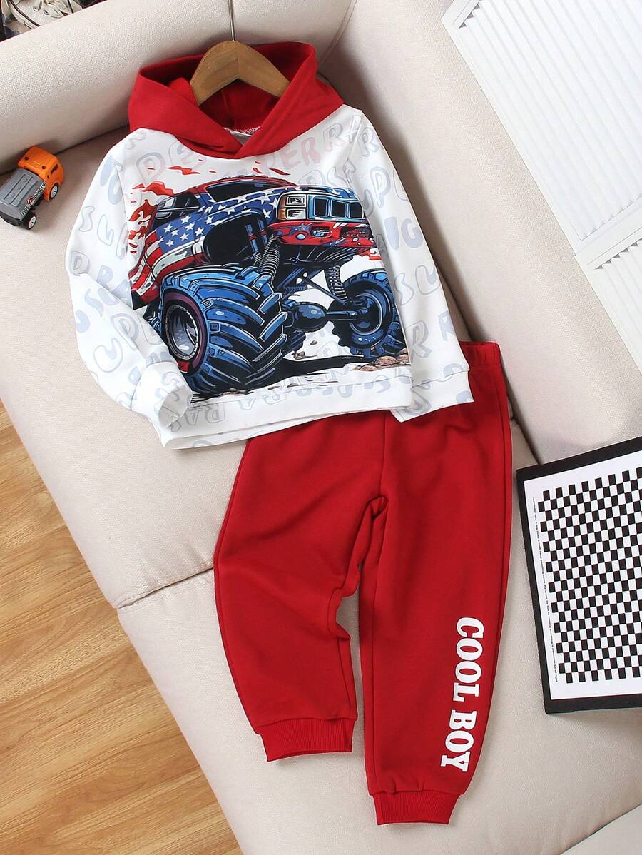 SHEIN 2 pièces/Ensemble sweat-shirt à capuche et pantalon oversize pour jeunes garçons avec imprimé voiture tout-terrain et lettres artistiques. Le sweat-shirt à capuche contrasté apporte des couches visuelles et une allure mode. Tissu doux et agréable sur la peau avec des poignets de jambe élastiques. Convient pour le quotidien, les sports, l'école et les activités extérieures.