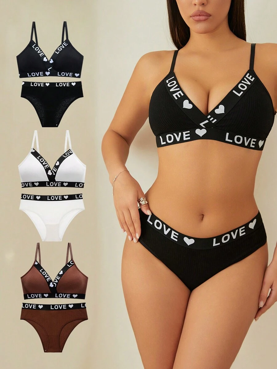 Set de 6 piezas de ropa interior cómoda para mujer, con letras y corazones de punto