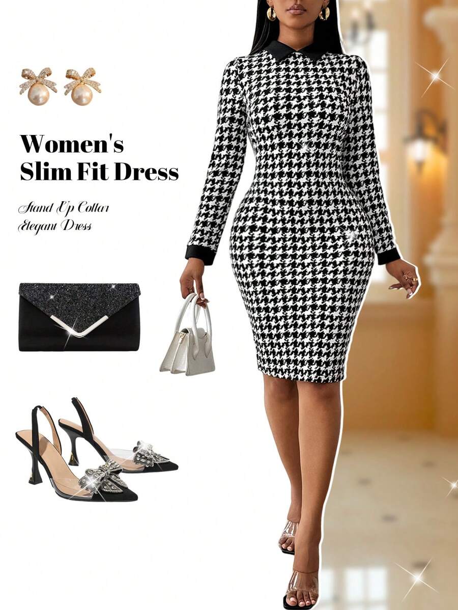 Fleurora Vestido de oficina, iglesia, informal y elegante de talla grande para primavera y verano. Vestido de tweed con estampado de pata de gallo, cuello de camisa, para mujer de talla grande