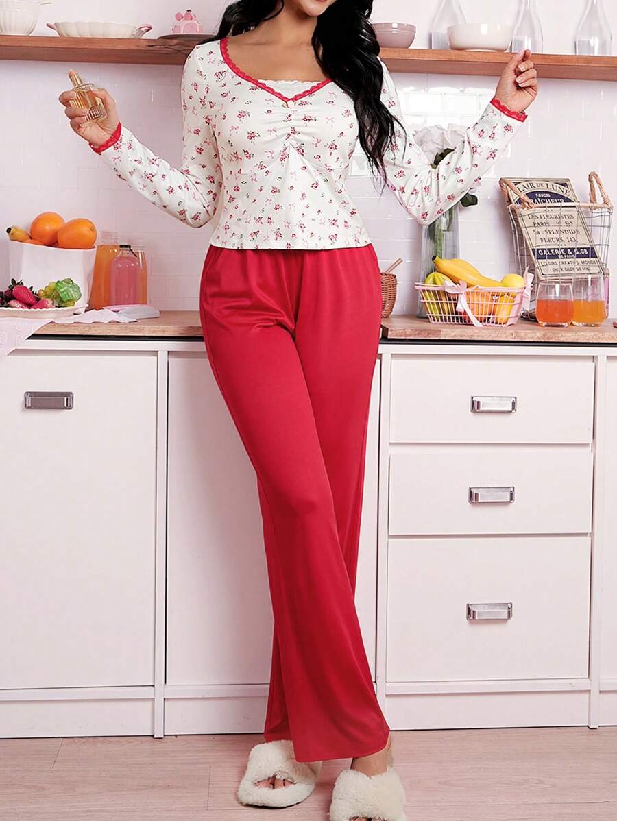 SweetSlumber Set de pijama de 2 piezas con estampado floral diminuto para mujer
