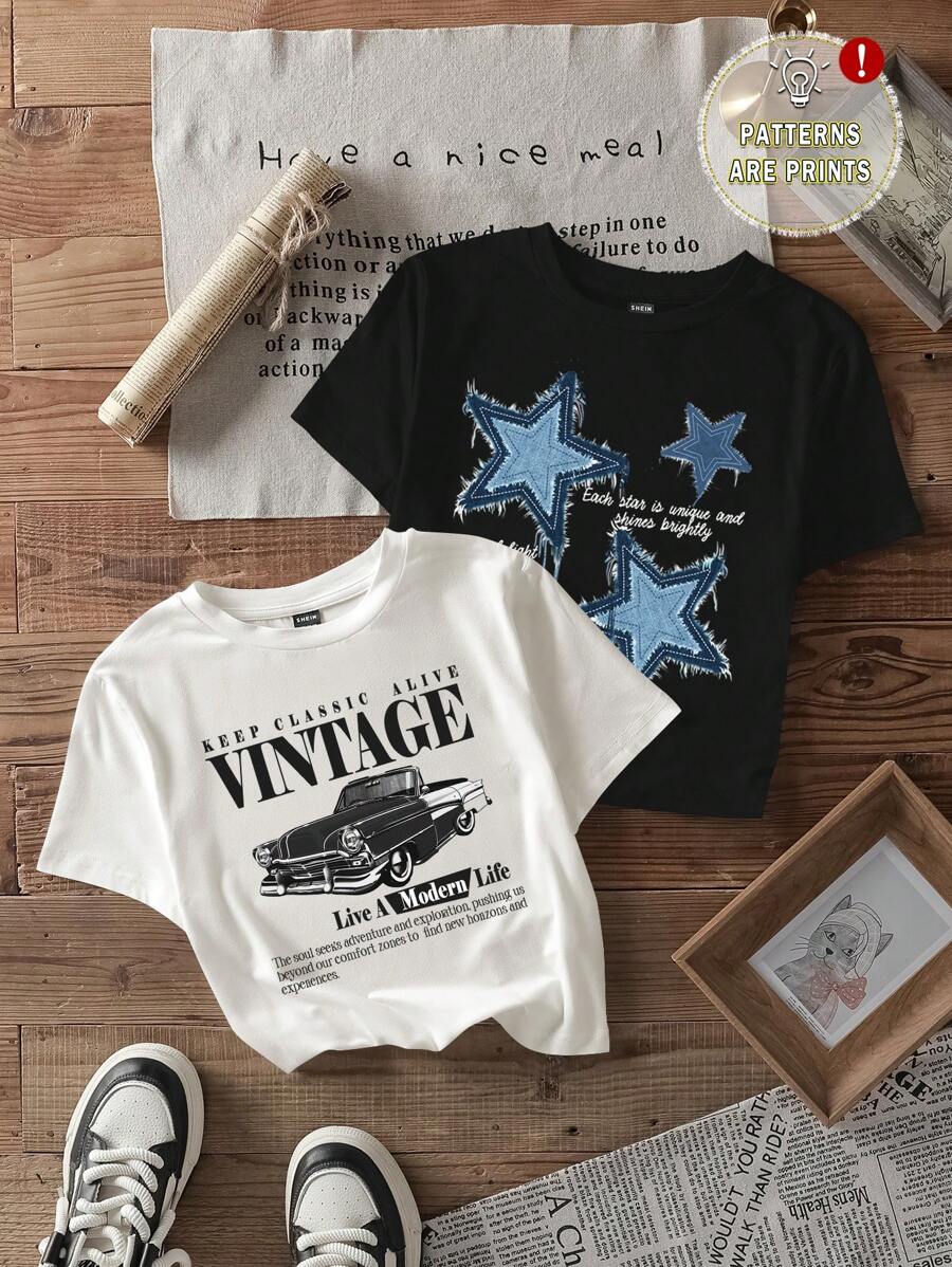 SHEIN EZwear 2pcs/Set Casual Retro Car & Star Graphic Crew Neck Short Sleeve Fitted Cropped Women T-Shirt, Summer