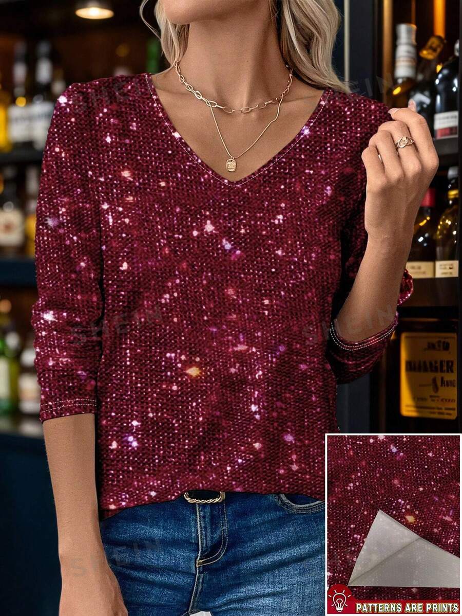 SHEIN LUNE Camiseta de manga larga con cuello en V para mujer con estampado digital de diamantes de cristal de ancho completo, estilo casual para primavera y otoño para atuendo de primavera