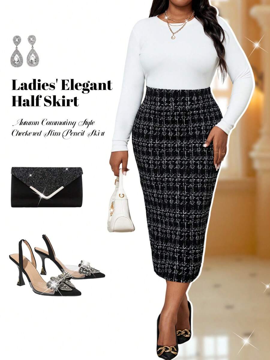 Fleurora Plus Size Elegant Plaid Fitted Pencil Skirt, Commuter Style For Autumn