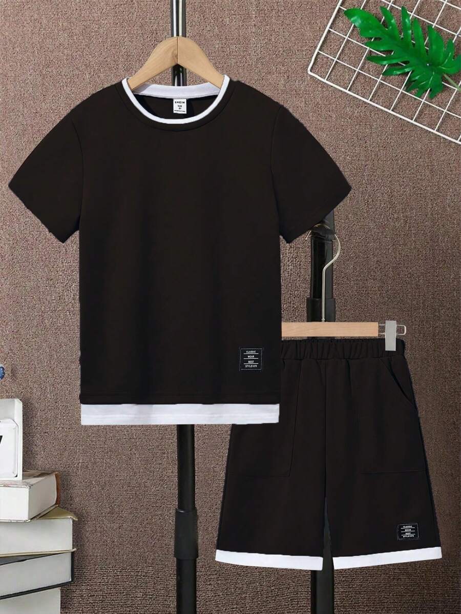 SHEIN Tween Jungen 2 Stücke Set mit Farbblock Kurzarmoberteil und Shorts