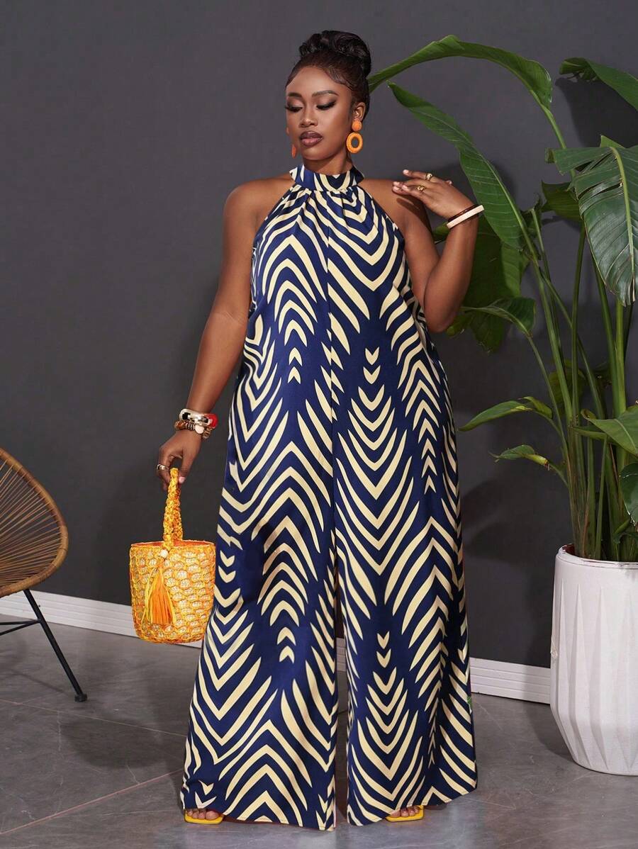 Slaydiva Combinaison à jambes larges avec motif rayures et diamants, sans manches, grande taille, adaptée aux vacances et à l'usage quotidien
