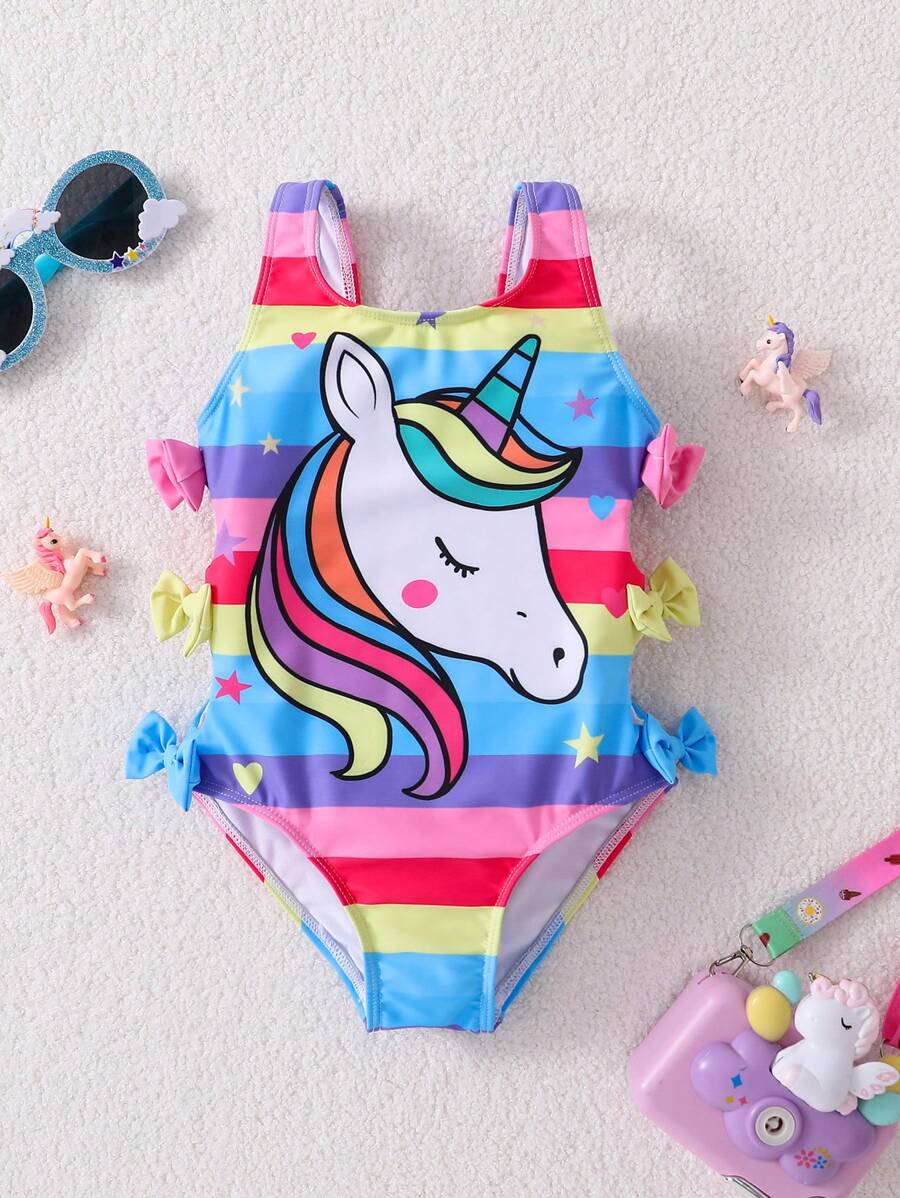 SHEIN Młoda dziewczyna tęczowy jednorożec dzianinowy monokini kostium kąpielowy
